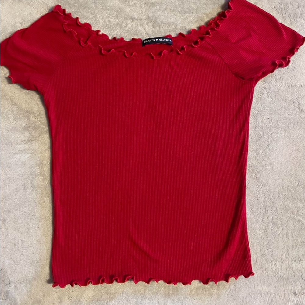 Brandy Melville Red Ruffle Trim Tee